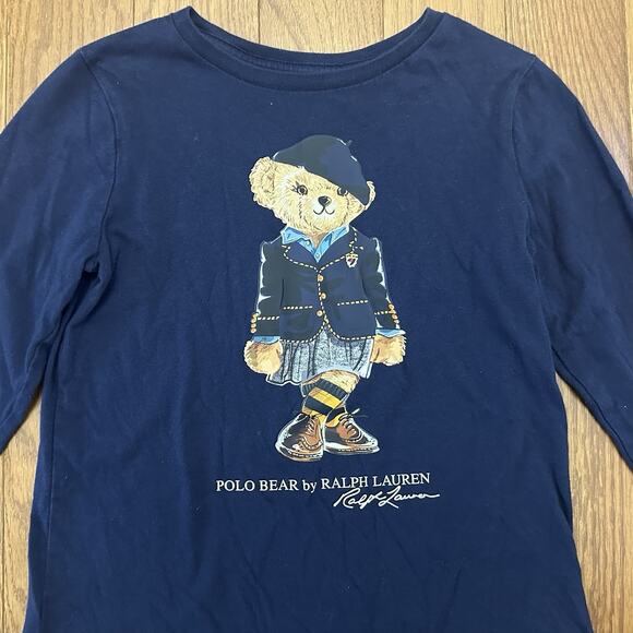 Polo Ralph Lauren Polo Bear Long Sleeve T Shirt Girls Size Small 7 Blue Preppy - Picture 2 of 6
